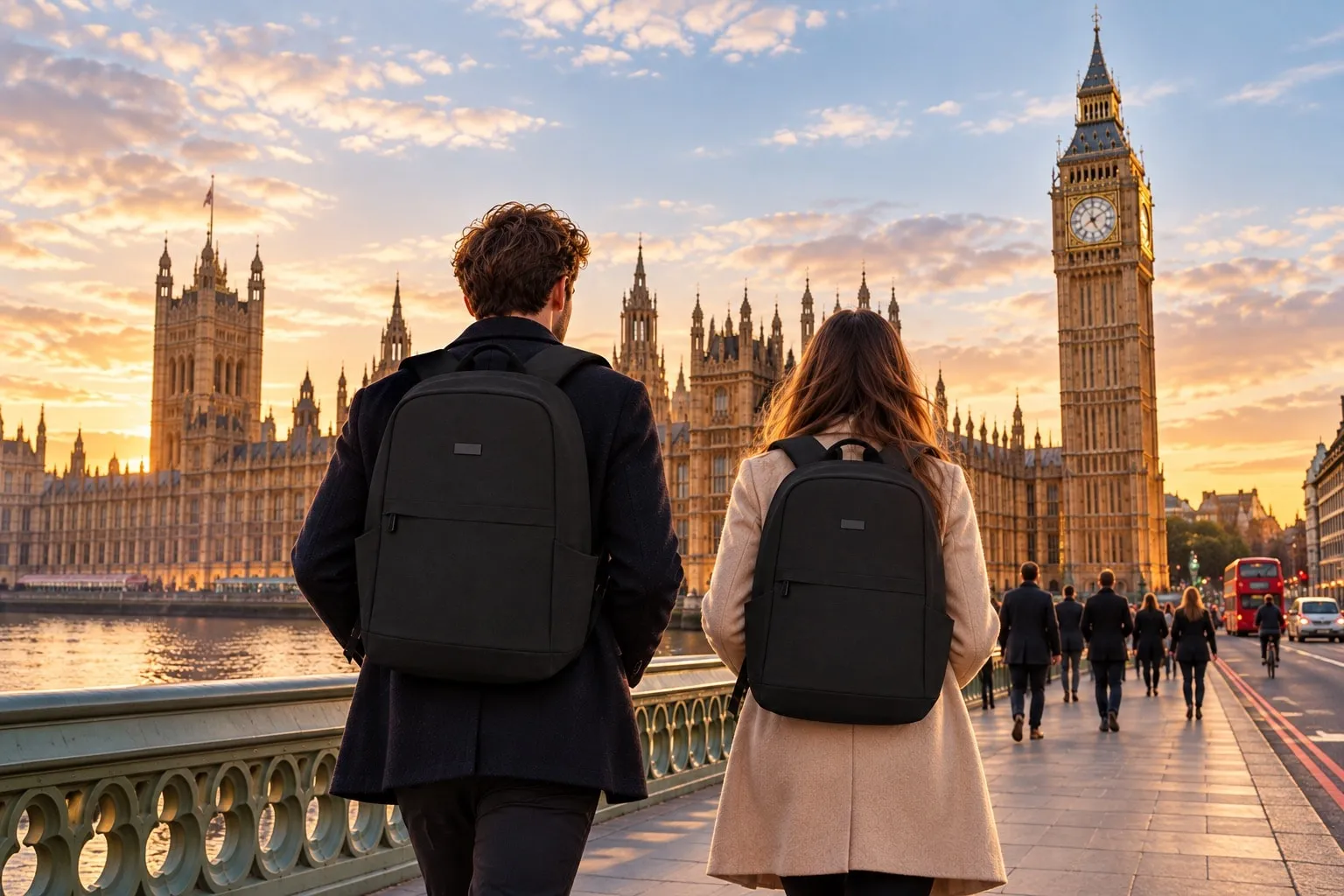 Two people wearing black backpacks walk across Westminster Bridge towards the Houses of Parliament at sunset.
